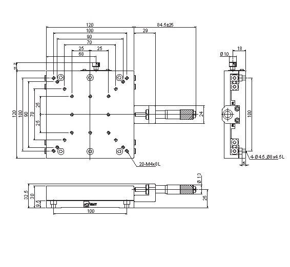 Manual Single-axis Linear Positioning Stage Mechanical Drawing