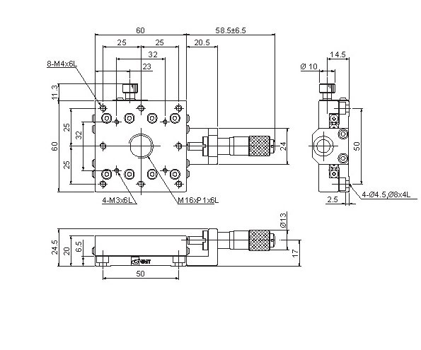 Manual Single-axis Linear Positioning Stage Mechanical Drawing