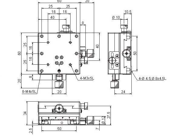 Manual Linear Positioning Stage Mechanical Drawing