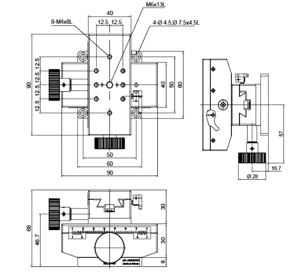 Manual Linear Positioning Stage Mechanical Drawing