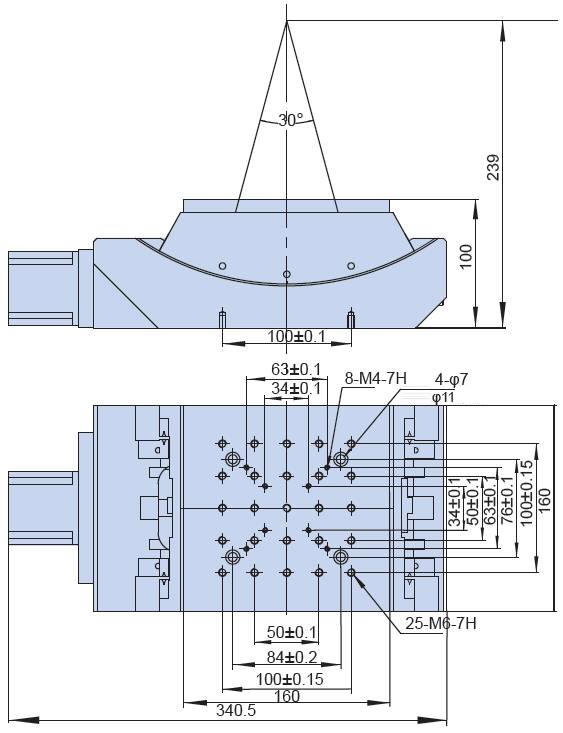 Mechanical Draing of Motorized Goniometer Stage, Table Size: 160 mm x 160 mm, Range of Travel: +/-15 Degrees