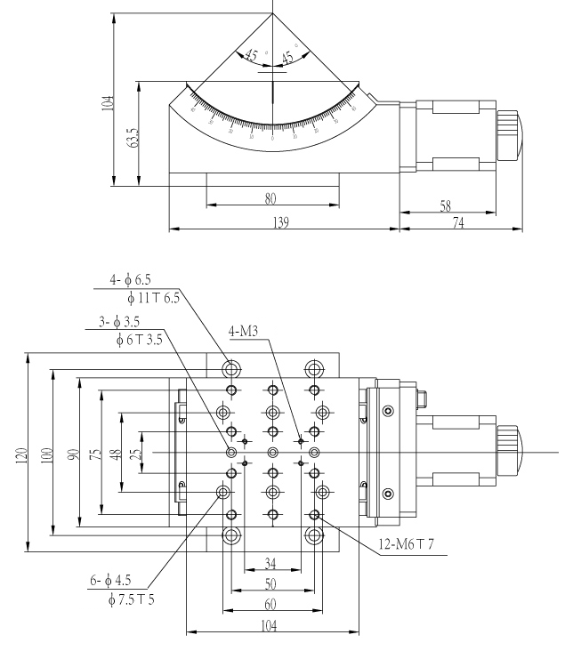Motorized Goniometer Stage, Range of Travel:+/- 45 degrees, Mechanical Drawing