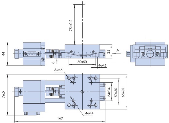 Mechanical Drawing of Motorized Goniometer Table, Table Size: 65 mm x 65 mm